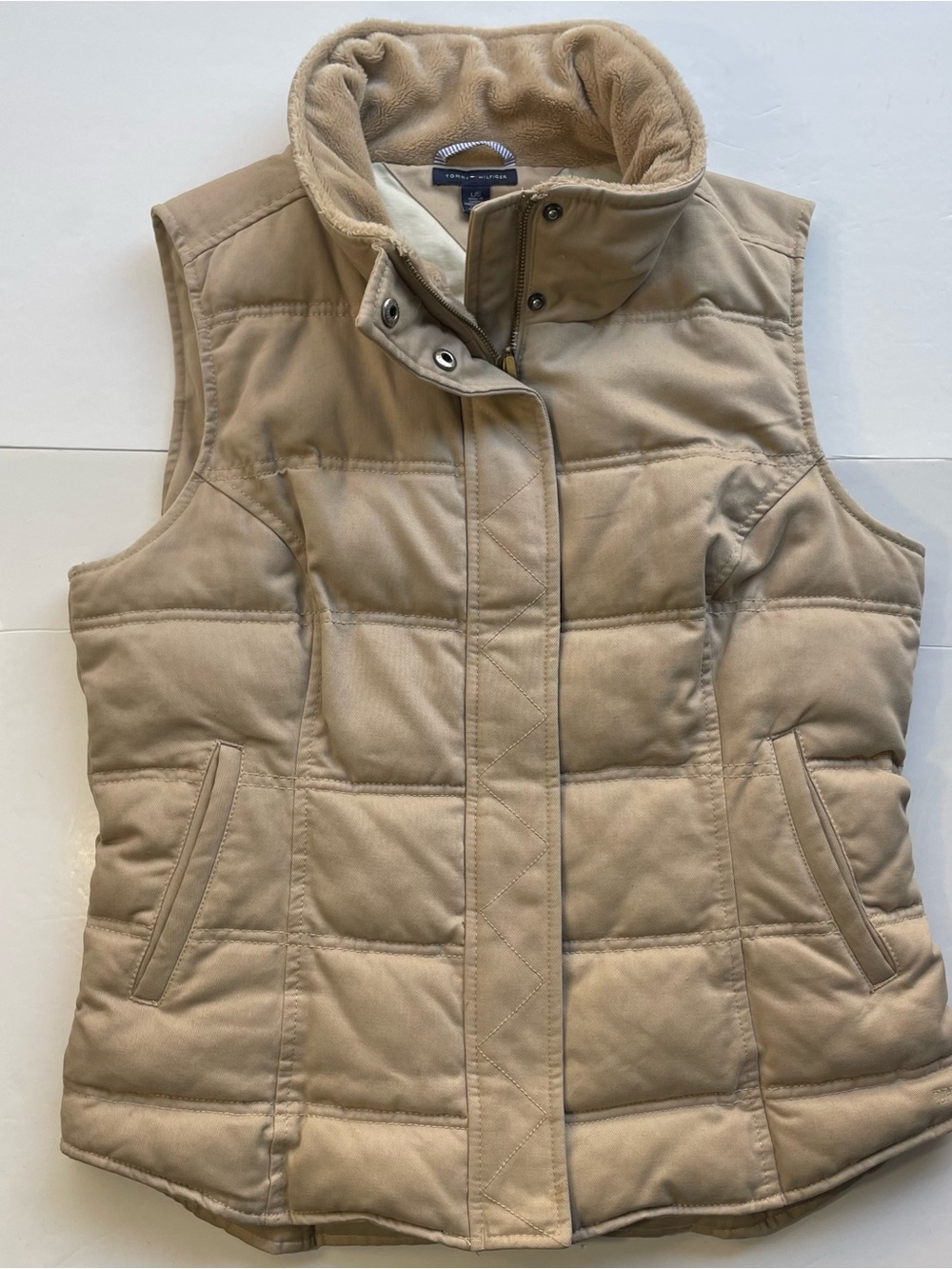 Tommy Hilfiger Tan Quilted Puffer Vest with Fleece Collar - Women's Large